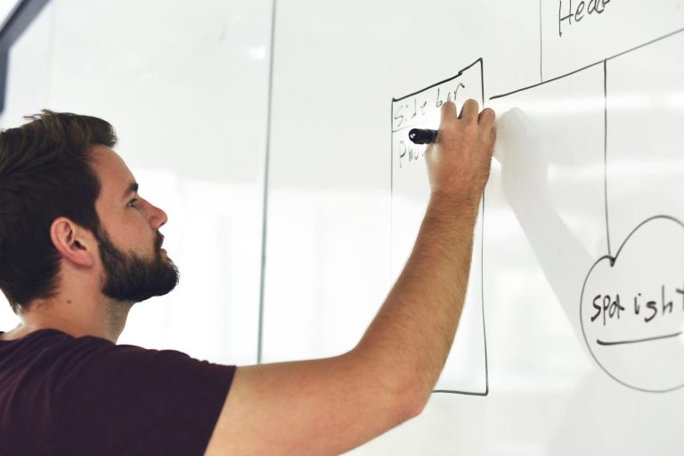 adult writing on a white board
