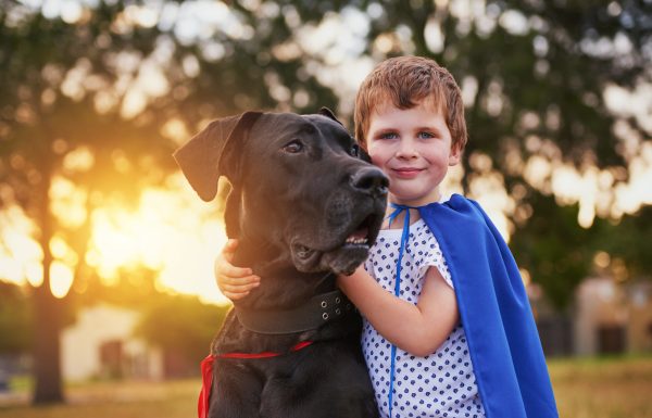 Shot of a little boy and his dog wearing capes while playing outside
