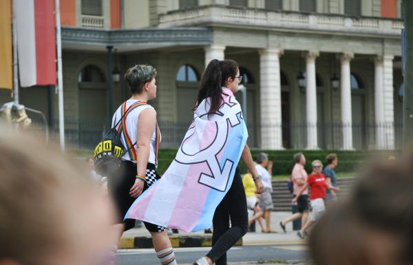 Person holding a trans flag