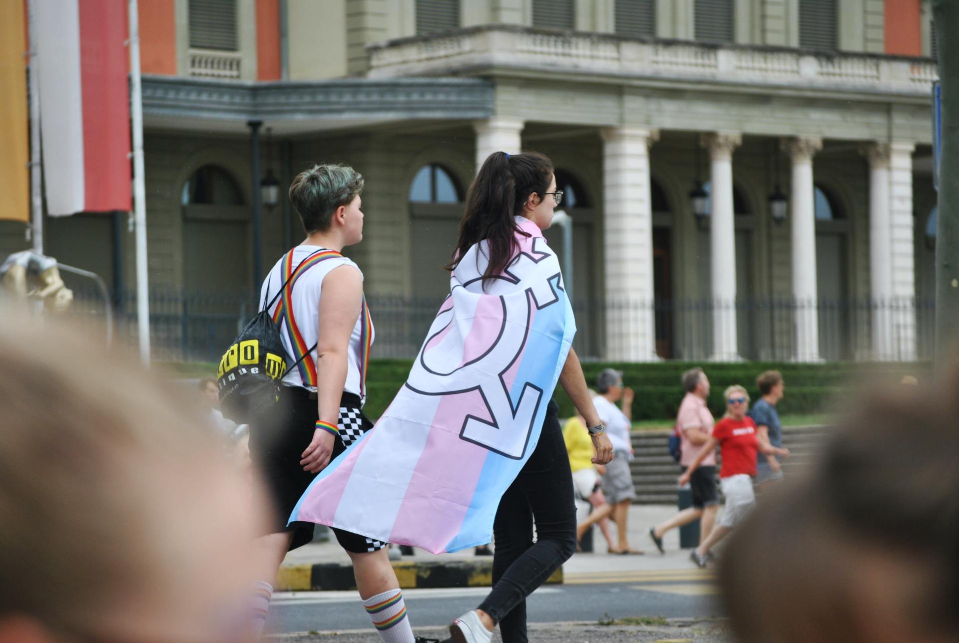 Person holding a trans flag