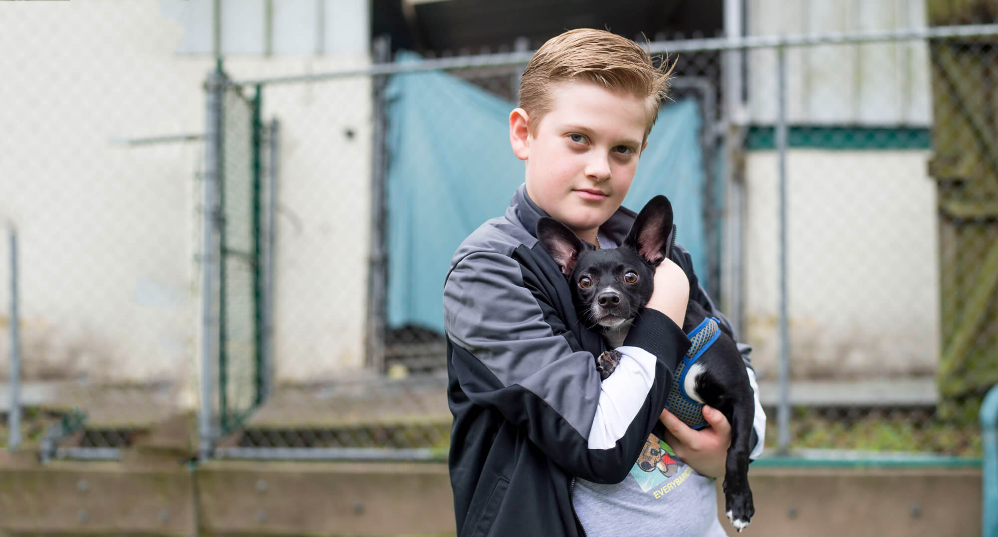 Young boy holding a small black dog