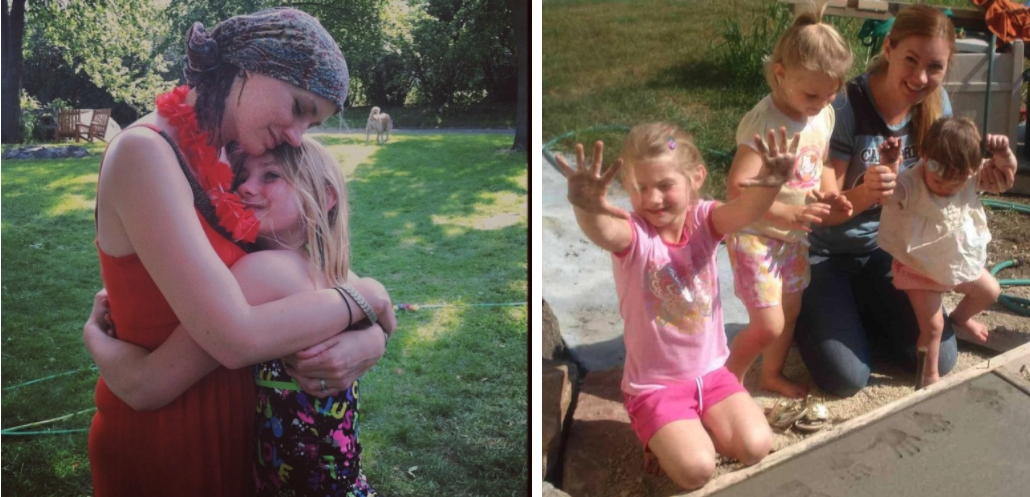 mother and daughter hugging, mother with three daughters