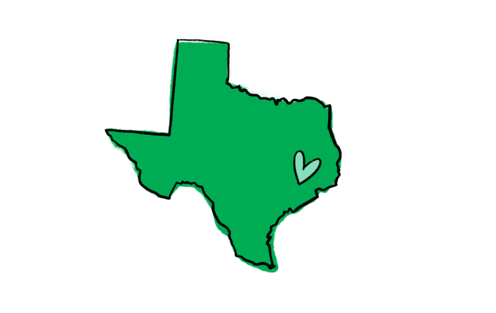 shape of texas with green heart over houston