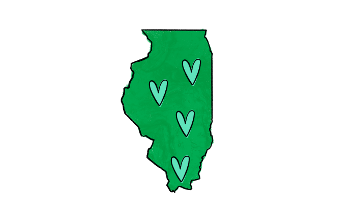 outline of illinois with hearts over affected tornado outbreak areas