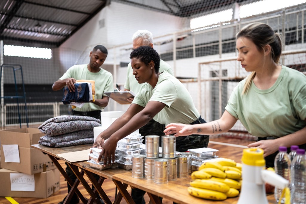 people organizing supplies for humanitarian efforts