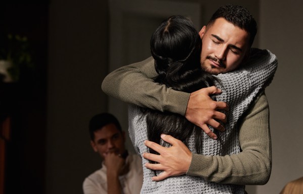 Hug, support and crying man embrace for comfort