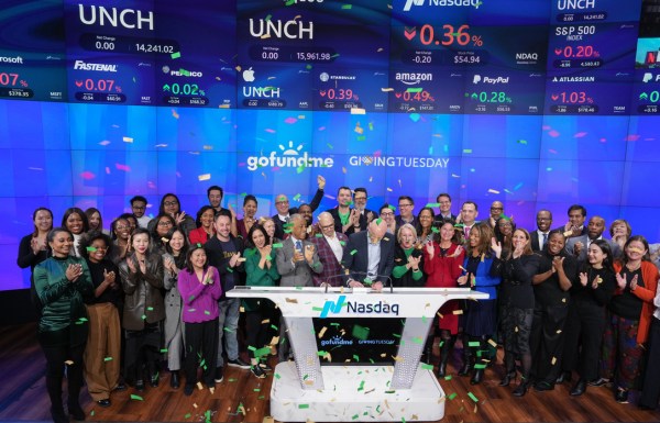 GoFundMe CEO Tim Cadogan rings the NASDAQ bell