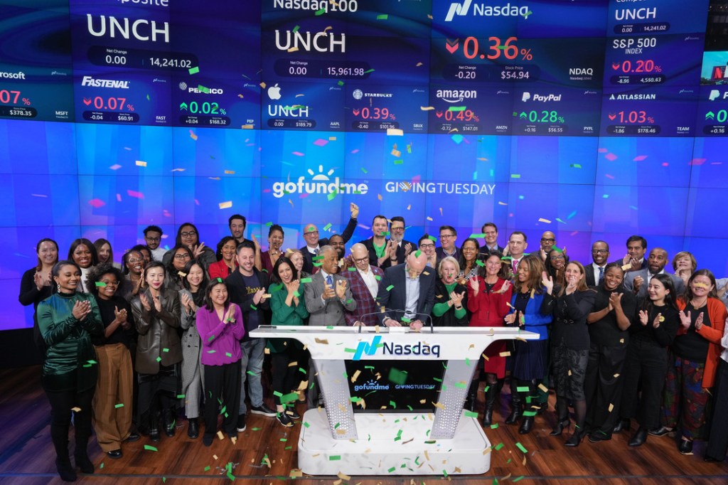 GoFundMe CEO Tim Cadogan rings the NASDAQ bell