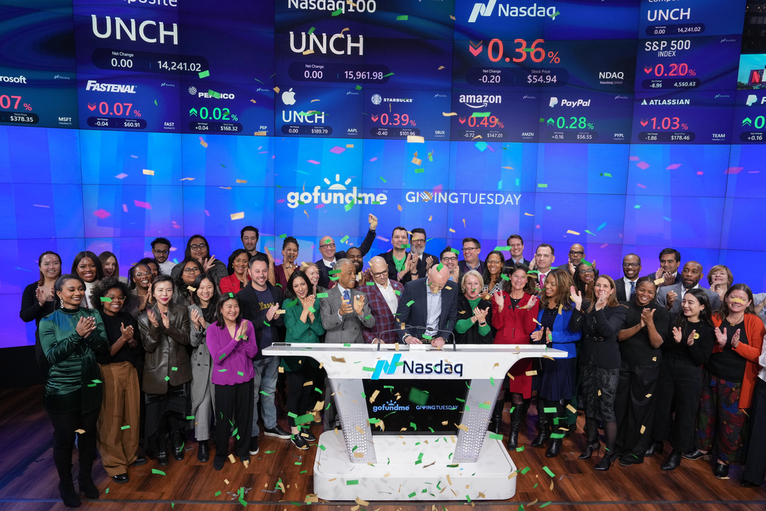 GoFundMe CEO Tim Cadogan rings the NASDAQ bell