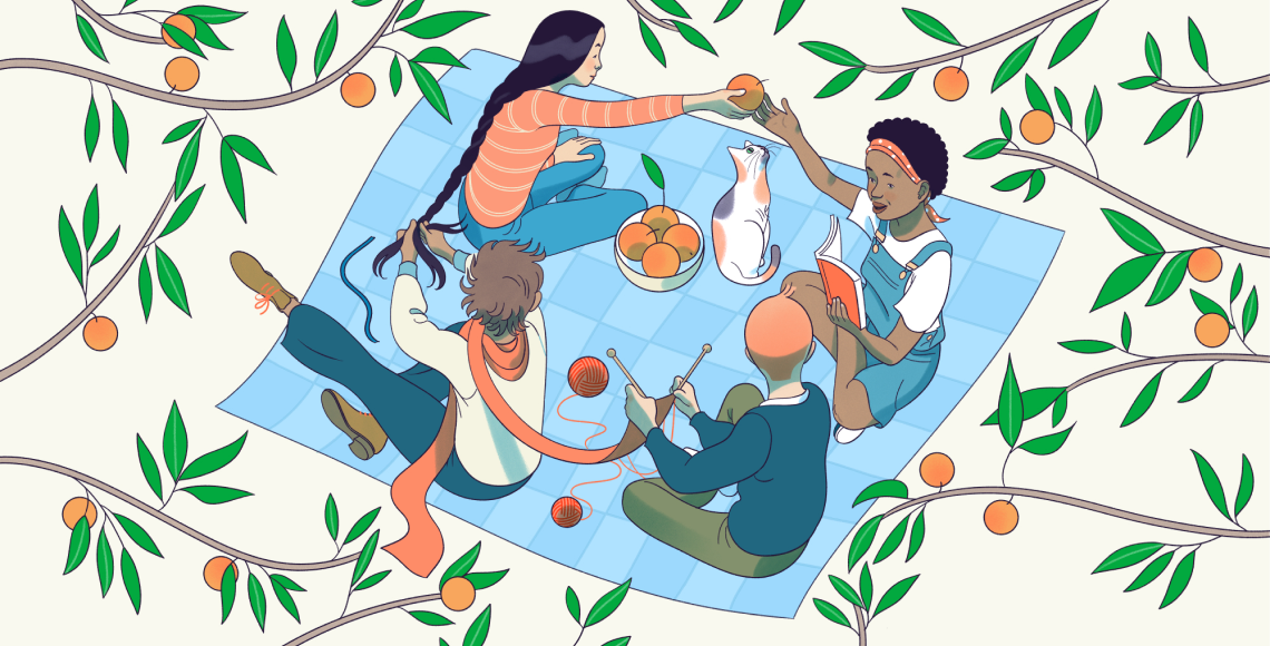 Illustration of people helping each other at picnic