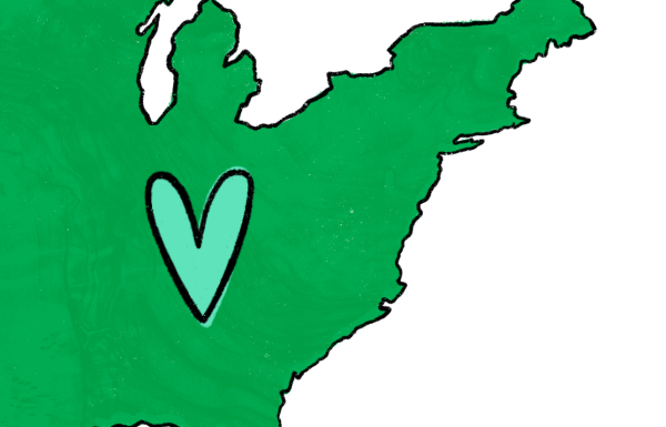 eastern half of the united states with a heart over the path of hurricane helene