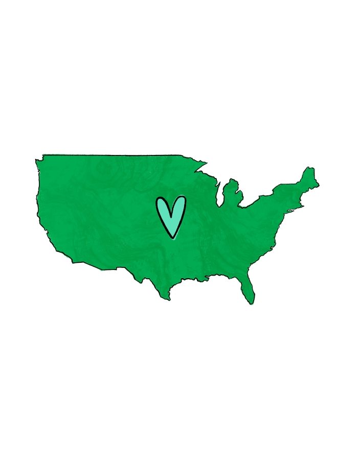 Outline of the United States with a green heart Outline of the United States with a green heart