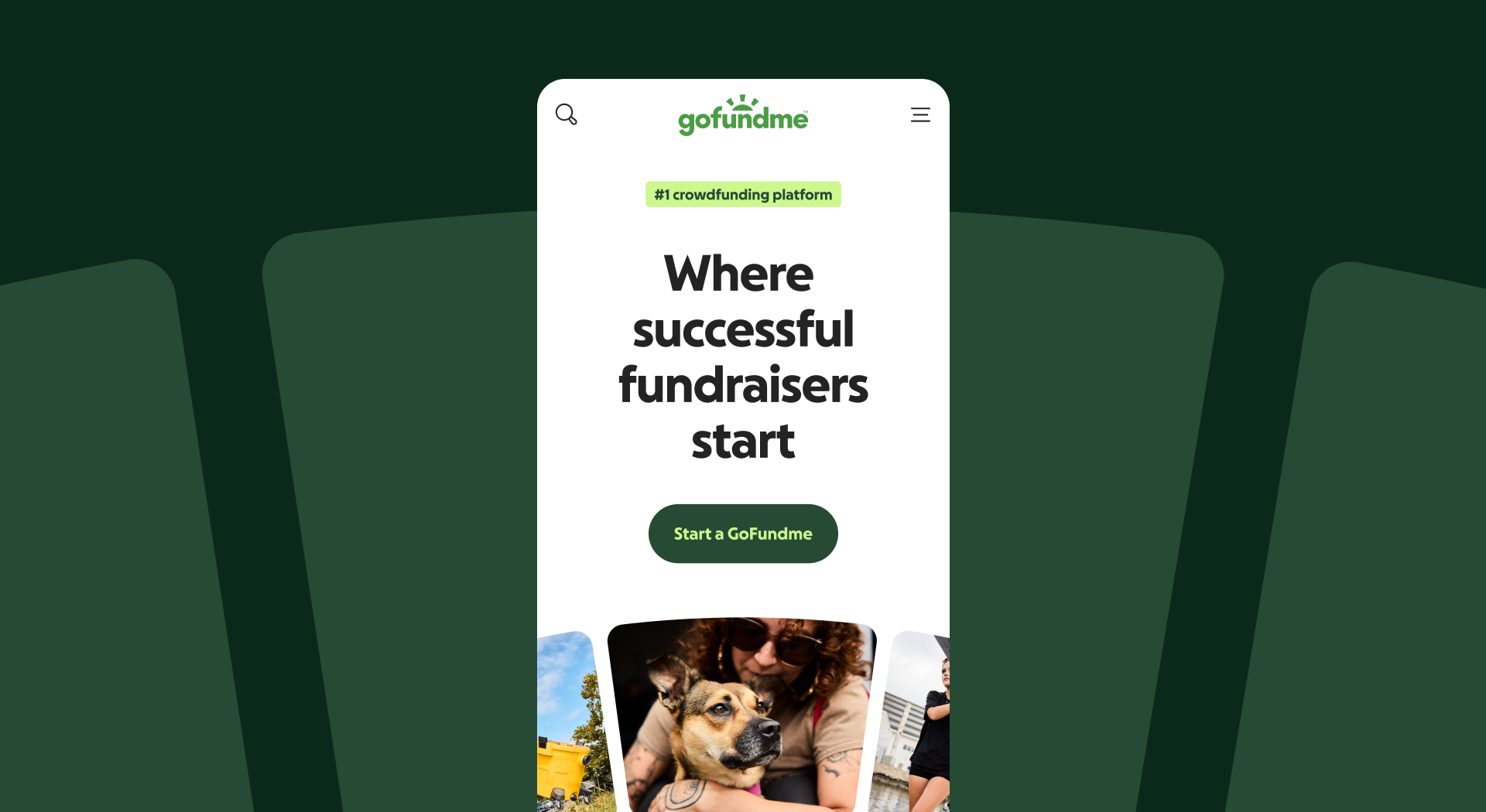 GoFundMe mobile homepage showing the tagline 'Where successful fundraisers start' with a Start a GoFundMe button and a carousel of fundraiser photos