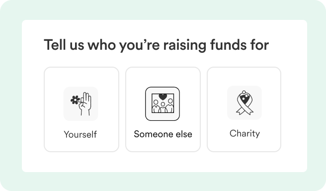 Auf dem Bildschirm erscheint „Sag uns, für wen du Spenden sammelst“ mit den Optionen „Für mich selbst“, „Für jemand anderen“ und „Für eine Wohltätigkeitsorganisation“