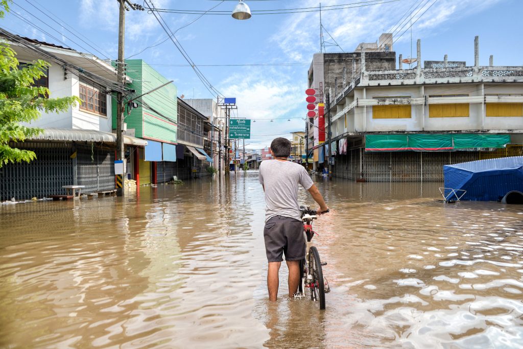 Flooded road during a flood caused by heavy rain