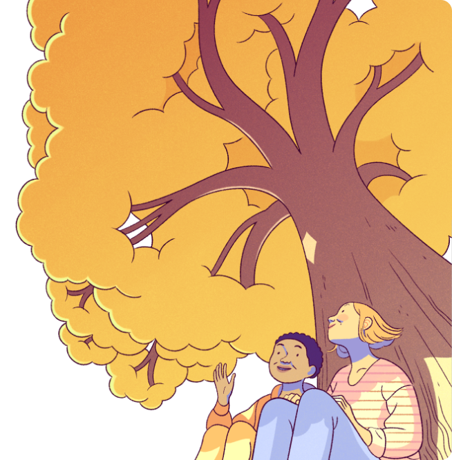 Illustration of friends sitting under a tree