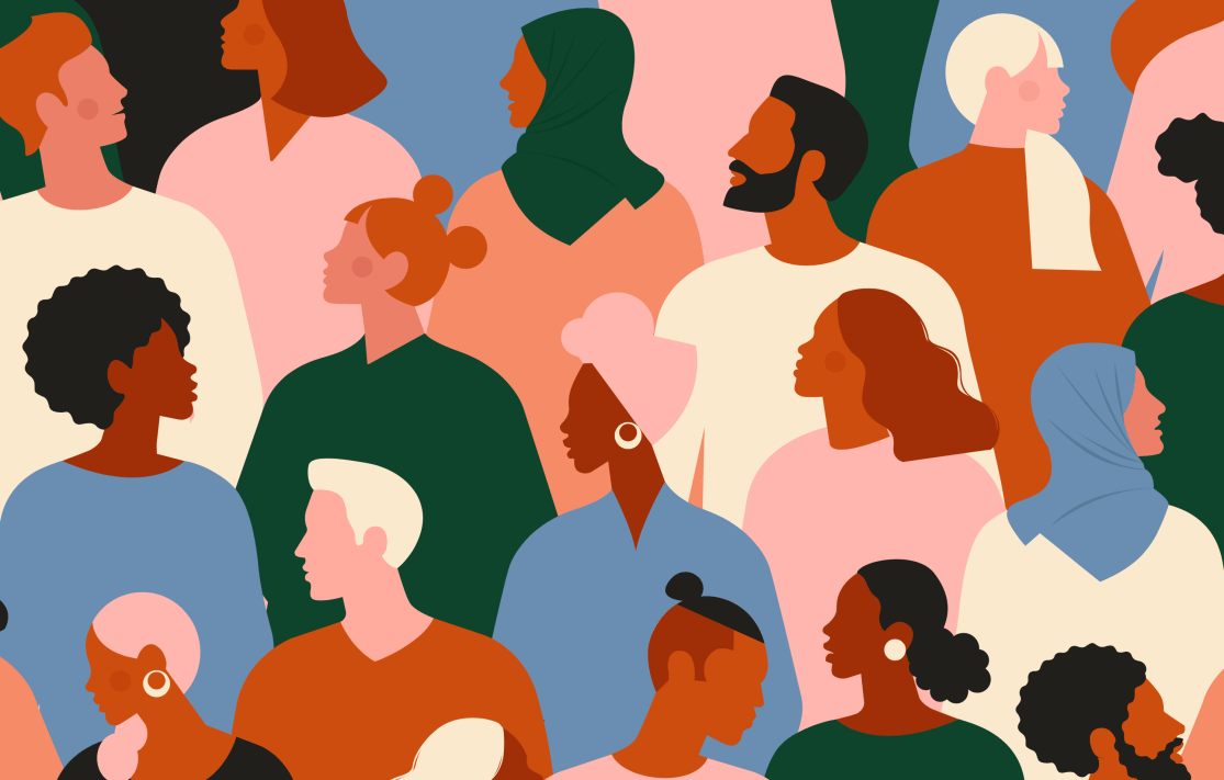 Diverse group of men and women standing together.