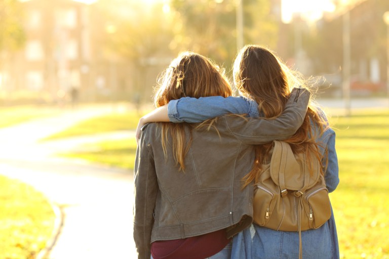 two friends walking at sunset in a park