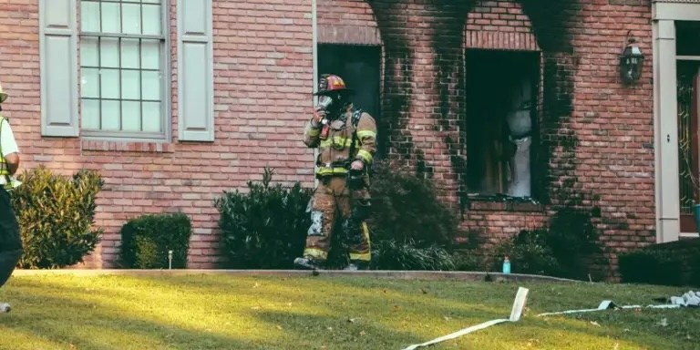 Un pompier devant une maison en feu