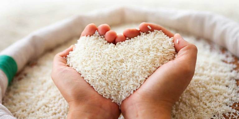 des mains tenant du riz en forme de cœur