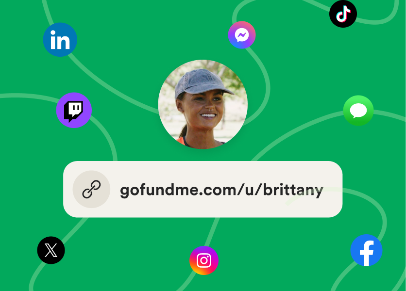 gofundme.com/c/brittany con un'immagine del profilo e icone dei social media