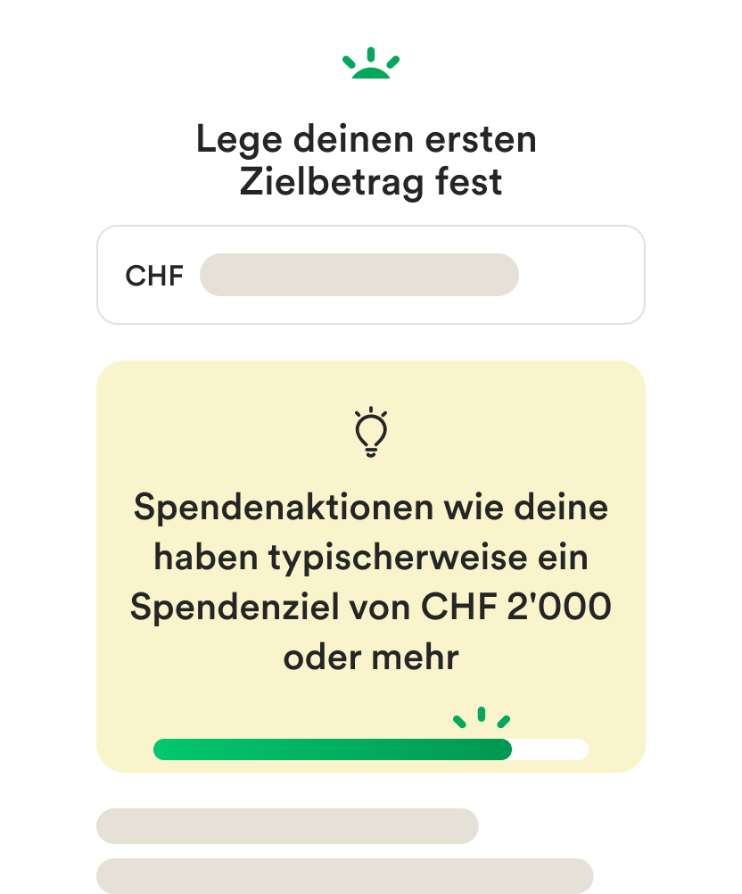 Wireframe-Benutzeroberfläche für Mobilgeräte zur Erstellung einer Spendenaktion und zum Festlegen eines Zielbetrags