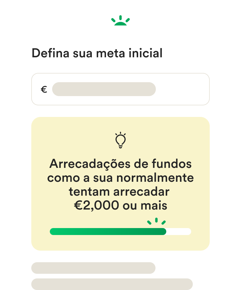 Protótipo de UI para dispositivos móveis para criar uma arrecadação de fundos e definir uma meta financeira