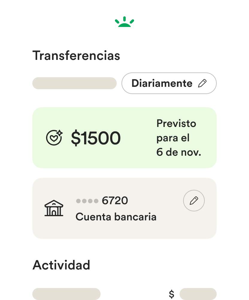 IU de wireframe móvil para configurar transferencias bancarias
