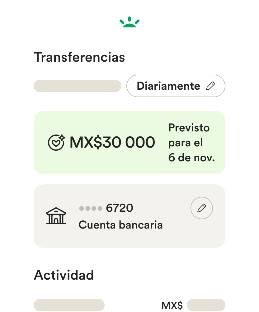 IU de wireframe móvil para configurar transferencias bancarias